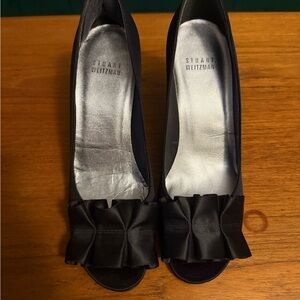 Stuart Weitzman Black Satin Peep Toe Heels